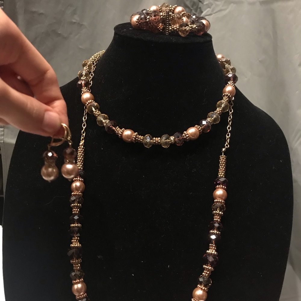 Beaded necklace, bracelet, and earrings set